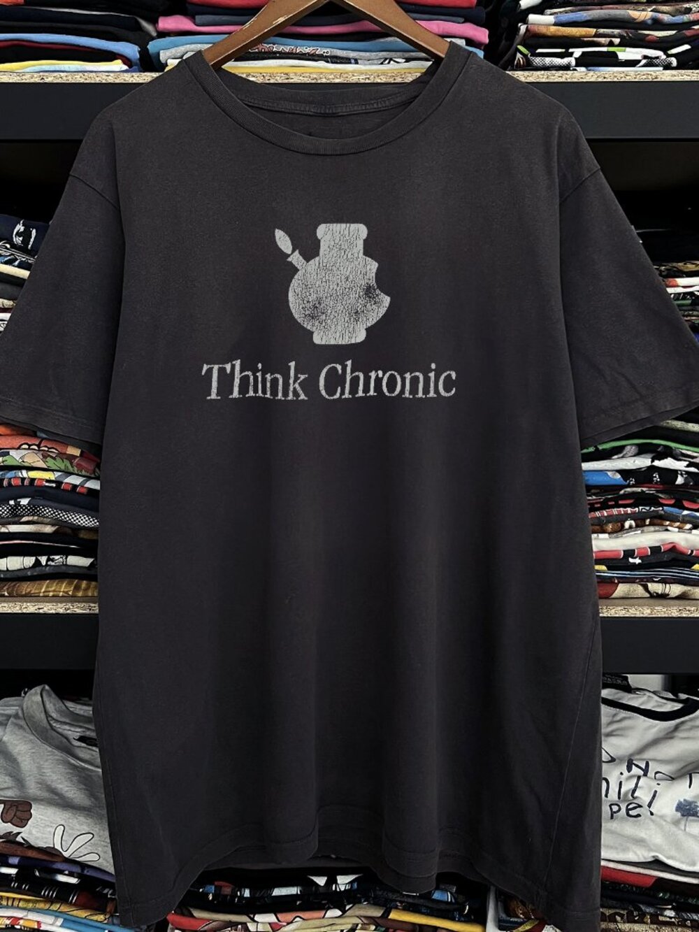 Rare Think Chronic Apple Parody Washed Black Tee